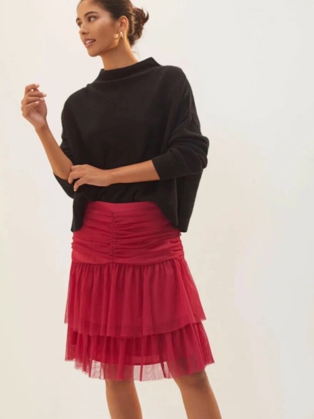 NWT Anthropologie Maeve Tiered Ruched Tulle Mini Skirt in Raspberry size 4